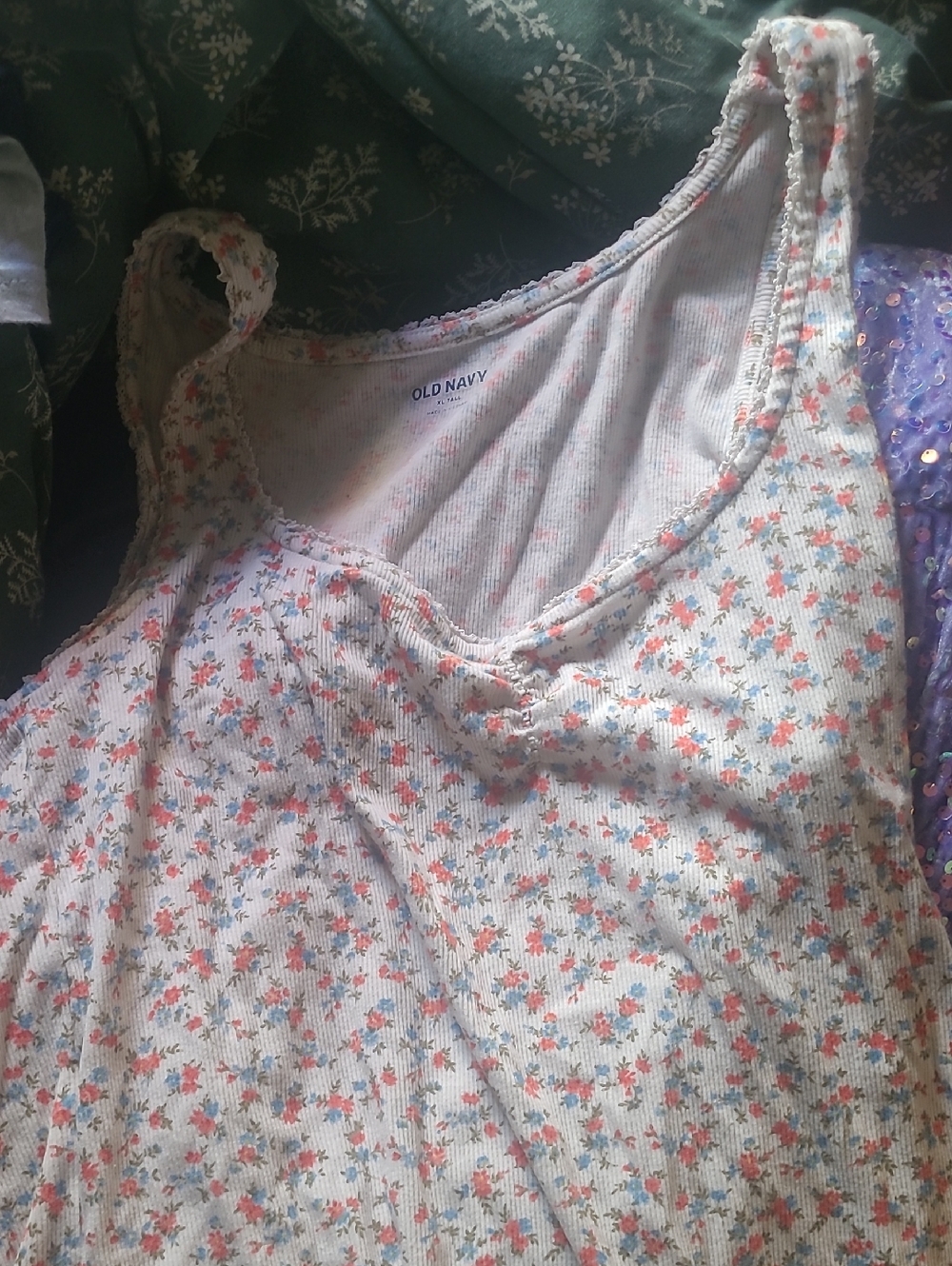 Old Navy White Ribbed Tank with Pink & Blue Floral Print